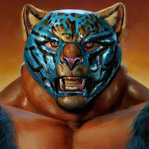 Prompt: Buff wrestler wearing a jaguar mask, character portrait art by Donato Giancola, Craig Mullins, digital art, trending on artstation