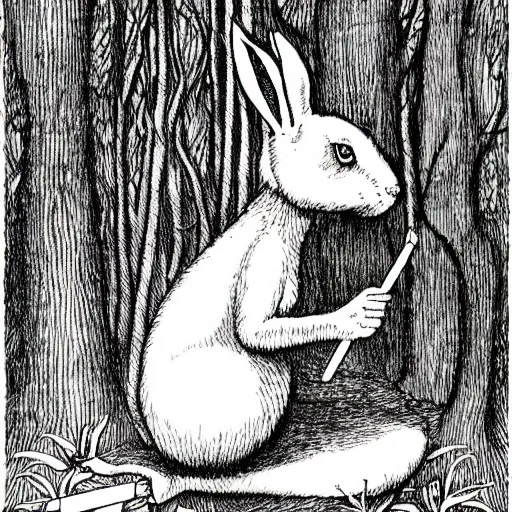 Prompt: a pen and ink drawing of a white rabbit smoking a smokey cigarette while reclining in a deep dark tangled forest, childrens book illustration, by edward gorey, by gustav dore