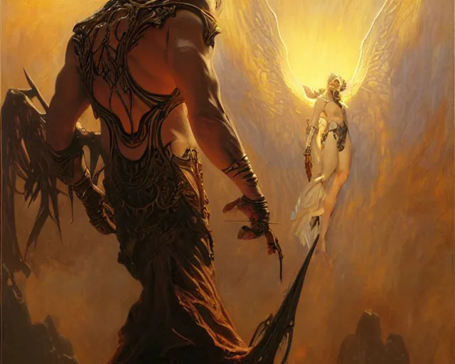 Image similar to attractive lucifer morning star summons death of the endless. highly detailed painting by gaston bussiere, craig mullins, j. c. leyendecker 8 k