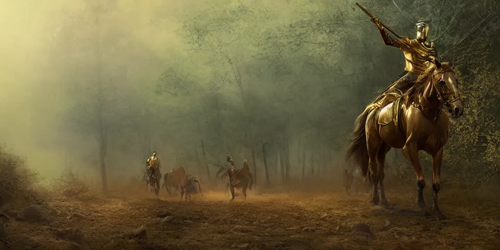 Prompt: headless soldier in gold mughal armor riding a horse in a dark forest, cinematic composition, a fantasy digital painting by Greg Rutkowski and James Gurney, trending on Artstation, highly detailed, hyperrealistic, realistic, photorealistic, dynamic lighting, highly detailed, cinematic landscape, studio landscape, studio lighting