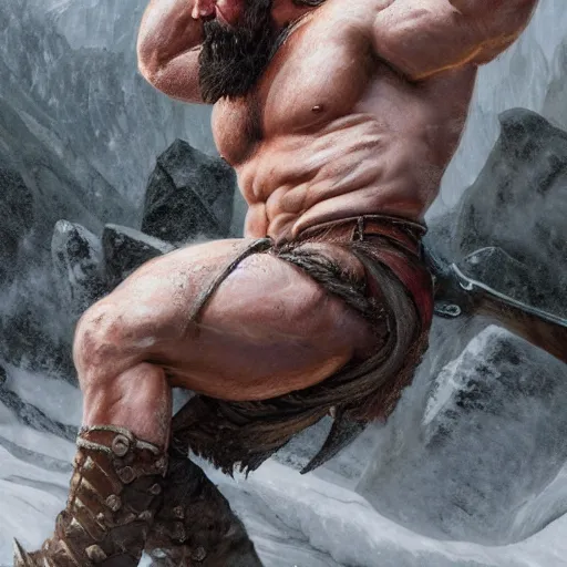 Image similar to cinematic view muscular viking after a battle on the snowy mountains blizzard digital painting, artstation, concept art, soft light, hdri, smooth, sharp focus, illustration, fantasy, intricate, elegant, highly detailed, D&D, matte painting, in the style of Greg Rutkowski and Alphonse Mucha and artemisia, 8k, highly detailed, jurgens, rutkowski, bouguereau, pastoral, rustic, georgic