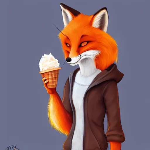 Image similar to furry art of female fox walking down the street holding an icecream cone, digital art, artstation, 4K, detailed, detailed fur, wearing grey hoodie, zootopia, detailed face, anthromorphic,