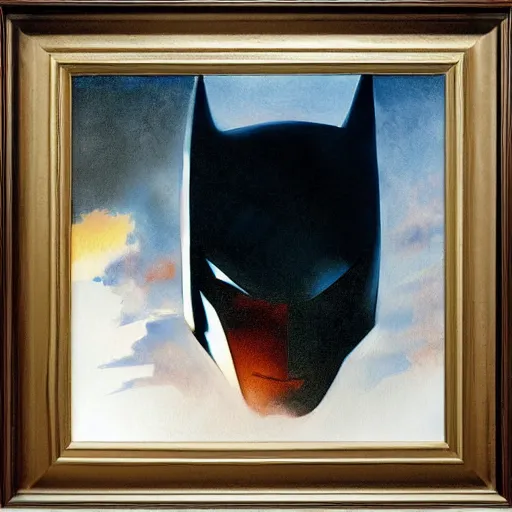 Prompt: hyper realistic portrait of batman at sunset, ground up angle at 45°, 24 mm lens shot, painting by John berkey n-4