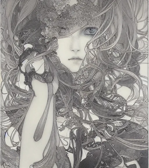 Image similar to yoshitaka amano anime painting, intricate line drawings, pen and ink, alphonse mucha, claire wendling, kentaro miura, ruan jia