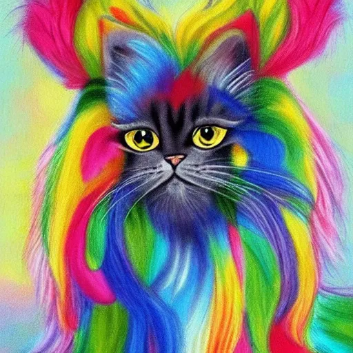 Prompt: long haired persian cat with long colorful fur made of leaves and flower crown detailed painting 4 k