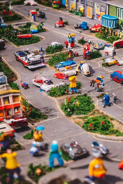 Image similar to high quality presentation photo of a a detailed miniature diorama of retro toy robots invading a detailed model of a 1950s town, photography 4k, f1.8 anamorphic, bokeh, 4k, Canon, Nikon