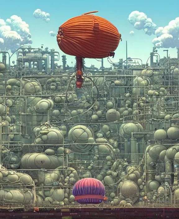 Image similar to inflated industrial plant made from obese isopod mollusk octopus, in the style of puffy spaceship, giant botany, partly cloudy, spooky, dramatic lighting, by geof darrow, bill sienkiewicz, dan mumford, yusuke murata, makoto shinkai, ross tran, cinematic, unreal engine, cel shaded, featured on artstation, pixiv