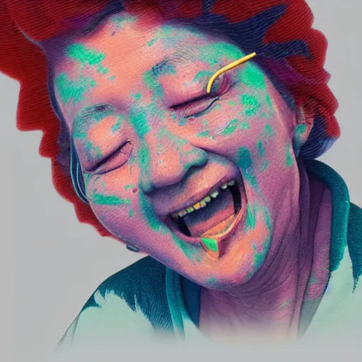 Image similar to closeup of my grandma eating crayons, melting down all over her body, in the style of kawase hasui james jean, muted neon colors, artstation trending, 8 k, 3 d render, photorealistic, volumetric lighting caustics, black and white, detailed af