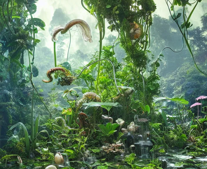 Image similar to transparent clear see - through image of mollusks, lush botany, orchids, ferns, garden environment, ultra realistic, concept art, art nouveau, photorealistic, octane render, 8 k, unreal engine. art by gustave dore and nori inoguchi and sam kaplan and zachary goulko and christopher marley and artgerm and alphonse mucha