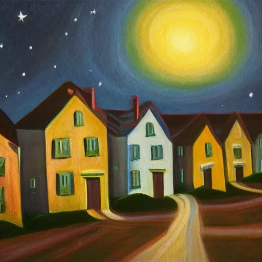 Prompt: a painting of a small village with crooked wooden houses designed by Tim Burton, the village is on a hill, the sky is dark with stars shining through, in the style of Edward Hopper, 4K,