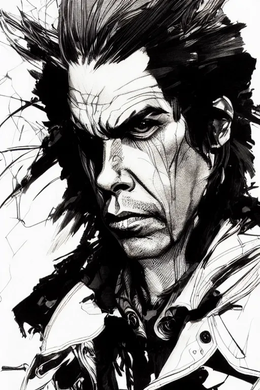 Prompt: portrait of nick cave, concept art, sumi - e style, intricate linework, artstation, trending, highly detailed, smooth, focus, art by yoji shinkawa and glenn fabry,