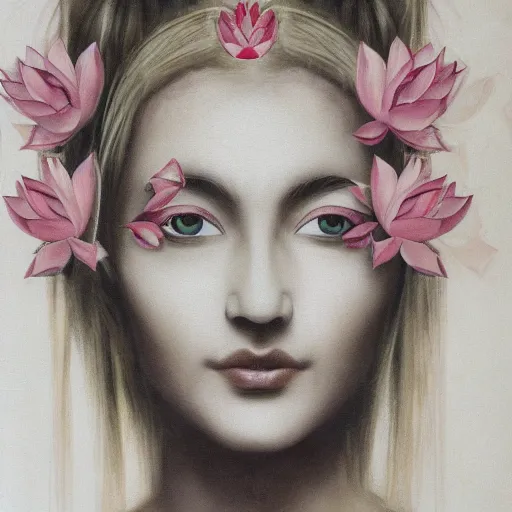 Image similar to portrait of a beautiful woman with lotus flowers in the place of eyes.