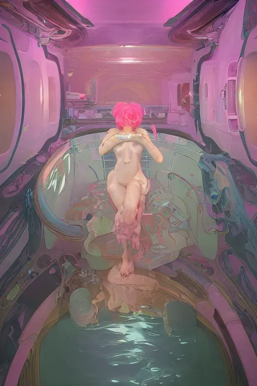 Image similar to interior of a Stomach Sensory deprivation tank filled with glowing pink water, Cross section, Claustrophobic, seapunk Mecha , vaporwave , digital art, artstation, by WLOP, Ilya repin, alphonse mucha., Very highly detailed 8K, octane, Digital painting, the golden ratio,