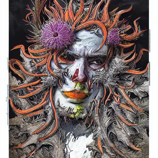 Image similar to squalid thistle deathcrown, in the style of adi granov, colourful hand drawing, beautiful faces, dramatic, tragic, intricate, detailed, beautiful, 8 k resolution