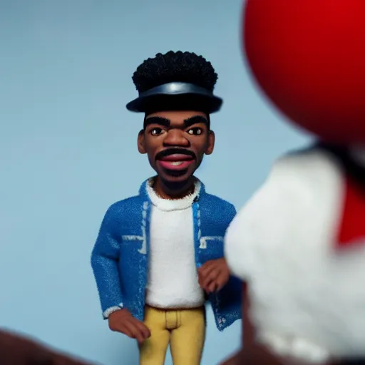 Image similar to a cinematic film still of a claymation stop motion film starring chance the rapper as a college student, shallow depth of field, 8 0 mm, f 1. 8