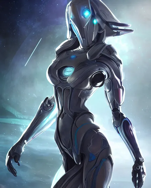 Image similar to beautiful android girl on a mothership, warframe armor, pretty face, scifi, futuristic, galaxy, raytracing, dreamy, perfect, digital painting, long white hair, blue cyborg eyes, sharp focus, intricate, highly detailed, artstation, intricate, innocent, art by gauthier leblanc, kazuya takahashi, huifeng huang