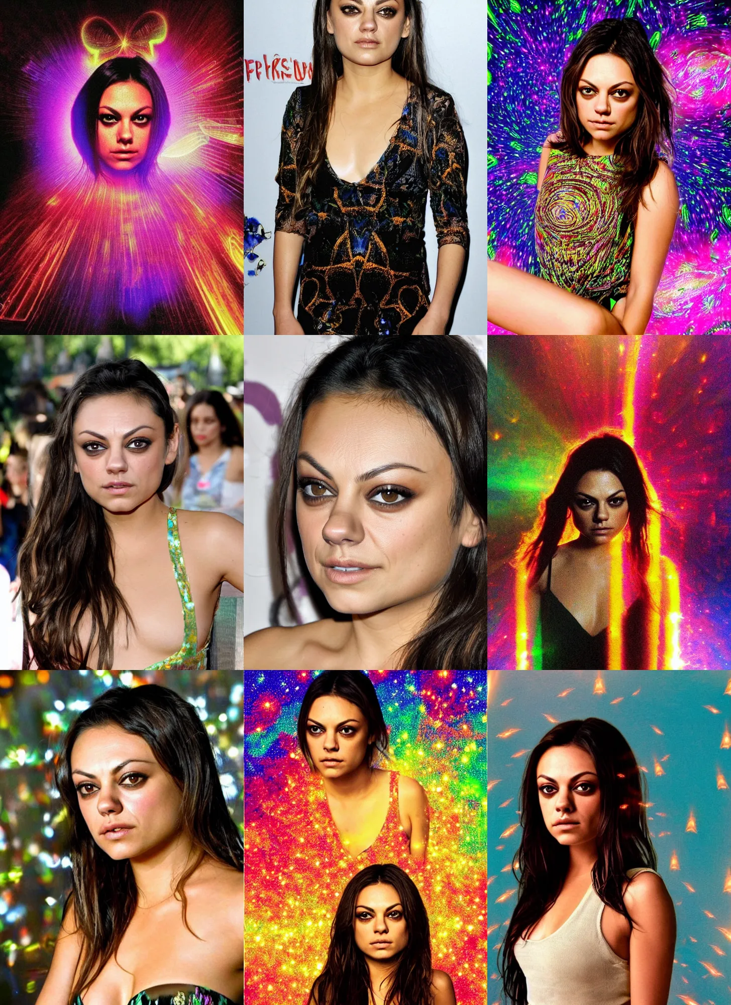 Prompt: beautiful mila kunis consisting of sun - ray light beams creating an glowing image of, fireflies, lsd, trippy, intricate