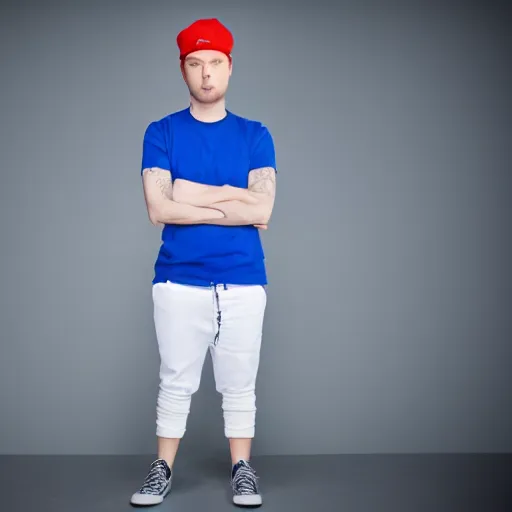 Prompt: a full body shot of an average white, short young - adult man with blue dyed hair, wearing a red backwards cap, white t - shirt with a red no symbol on it, blue long pants and red shoes, holding a microphone, studio lighting, photoshoot, grey background