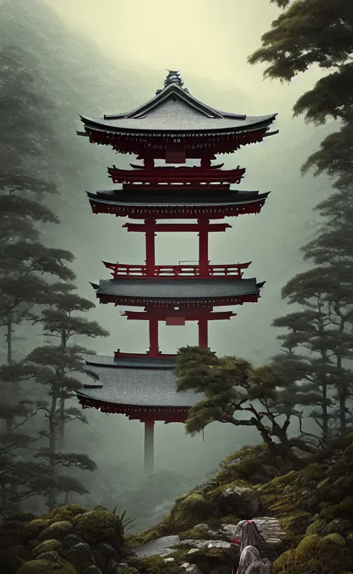 Image similar to japanese style shrine on top of a misty mountain overgrown, hyper realistic, lush gnarly plants, 8 k, denoised, by greg rutkowski, tom bagshaw, james gurney cinematic lighting