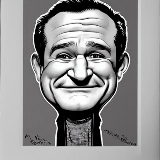 Image similar to a caricature portrait of Robin Williams drawn by Mort Drucker Mad Magazine