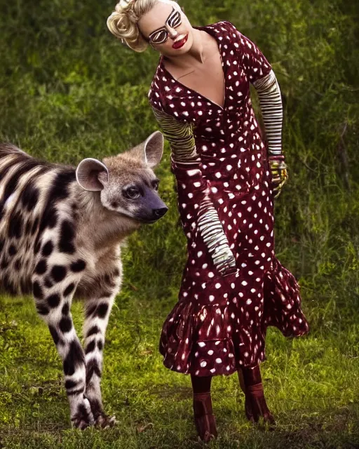 Image similar to Margot Robbie dressed as Harlequin interacts with a playful spotted hyena, HDR, photorealistic, In the style of National Geographic