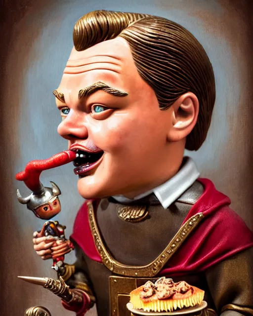 Image similar to highly detailed closeup, face profile portrait of a tin toy leonardo dicaprio as a medieval demon with horns eating cakes in a castle, hyper realistic, artstation, illustration, nicoletta ceccoli, mark ryden, lostfish, dan decarlo, bob clampett, max fleischer, digital paint, matte paint, vivid colors, detailed and intricate environment