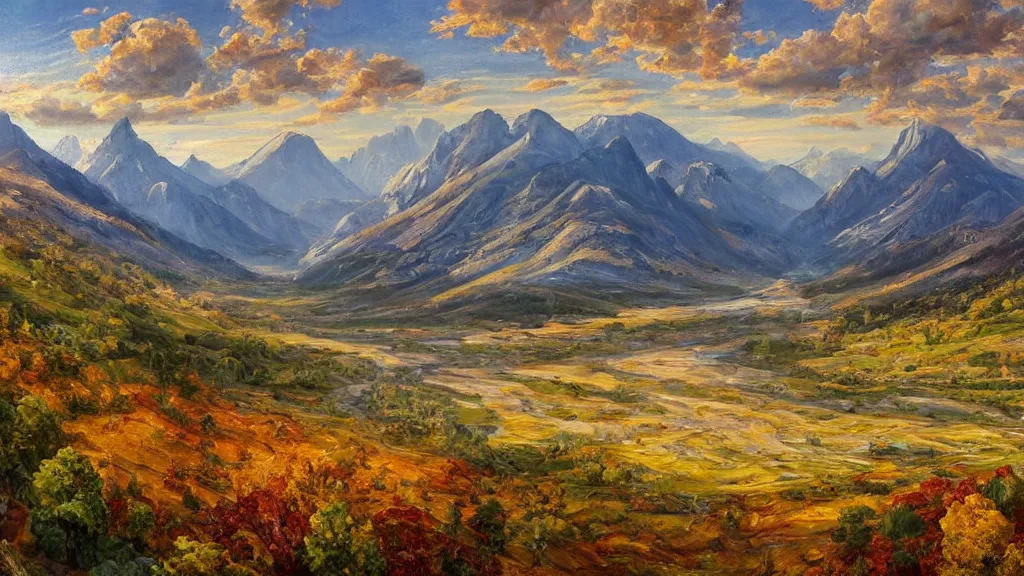 Prompt: The most beautiful panoramic landscape, oil painting, where the mountains are towering over the valley below their peaks shrouded in mist. The sun is just peeking over the horizon producing an awesome flare and the sky is ablaze with warm colors and stratus clouds. The river is winding its way through the valley to an italian village and the trees are starting to turn yellow and red, by Greg Rutkowski, aerial view