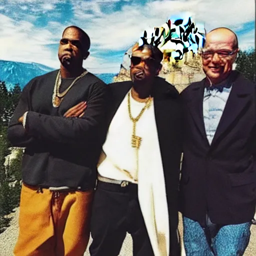 Prompt: “Kanye West, Jay Z, Walter White, and Saul Goodman as the heads of Mount Rushmore”