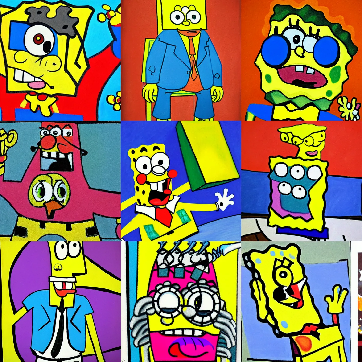 Prompt: spongebob painted by pablo picasso,