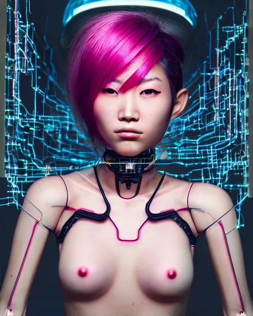 Image similar to portrait of a beautiful asian woman with pink hair as a cyberpunk cyborg half robot, skin open to reveal wires and electronics, sci - fi, missing panels, intricate abstract upper body intricate artwork, concept art, octane render, deviantart, cinematic, key art, hyperrealism, iridescent accents, portrait photograph, nikon 3 5 mm, photograph by greg rutkowski