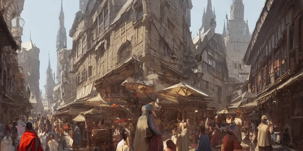 photo of a medieval busy market street. architecture. | Stable Diffusion