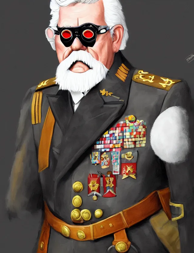 Image similar to a portrait of colonel sanders wearing a military uniform and a black eyepatch over his left eye, by moebius and tyler edlin and hr giger, trending on artstation, digital art, 4 k resolution, detailed, high quality, sharp focus, hq artwork, coherent, insane detail, concept art