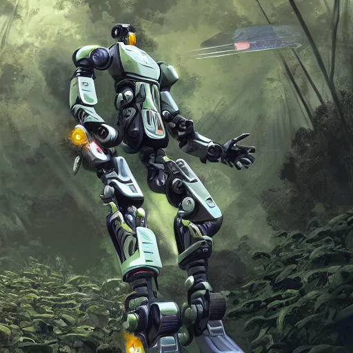 Image similar to futuristic robots war commander ask for air support, in a jungle jeszika le vye heraldo ortega 8 k