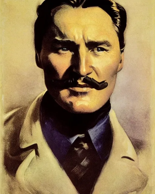 Image similar to Errol Flynn as a scientist. 1980s dystopian Soviet Russia, propaganda screens. By Greg Rutkowski, Gustave Courbet, Rosa Bonheur, Edward Hopper, Ilya Yefimovich Repin, Jean-François Millet, Andrew Newell Wyeth. Faithfully depicted facial expression, perfect anatomy global illumination, radiant light, detailed and intricate environment