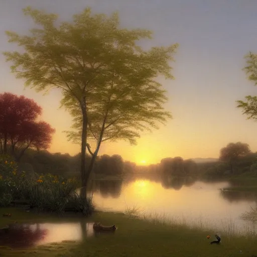 Image similar to a painting of a duck pond at sunset, surrounded by flower bushes, a detailed matte painting by Michael James Smith, deviantart, hudson river school, terragen, trending on artstation
