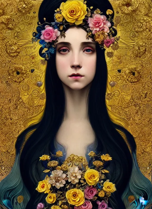 Image similar to beautiful black blue yellow, complicated gold and pink flowers in baroque style headwears, dark fantasy, intricate, elegant, highly detailed, digital painting, artstation, concept art, matte, 3 d 8 k octane rendered, sharp focus, illustration, octane rendered, art by artgerm and alphonse mucha, leesha hannigan