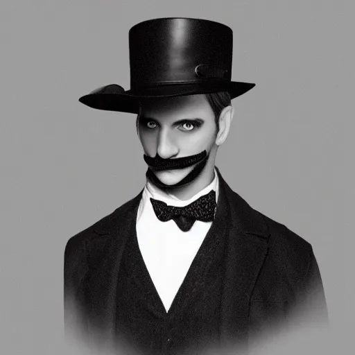 Image similar to a gentleman wearing a tall black leather hat, cinematic style