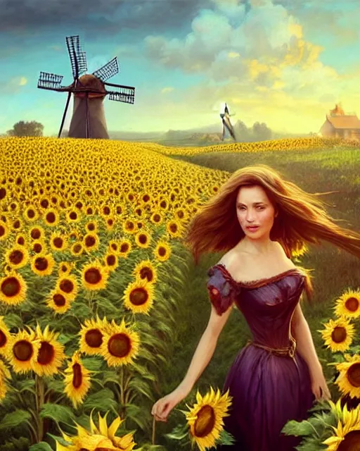 Image similar to epic portrait cinematic shot an windmill standing in a sunflower field, sunny day, village in the backround, carriage, fine details. night setting. realistic shaded lighting poster by craig mullism, artgerm, jeremy lipkin and michael garmash, unreal engine, radiant light, detailed and intricate environment, digital art, trending on art station,