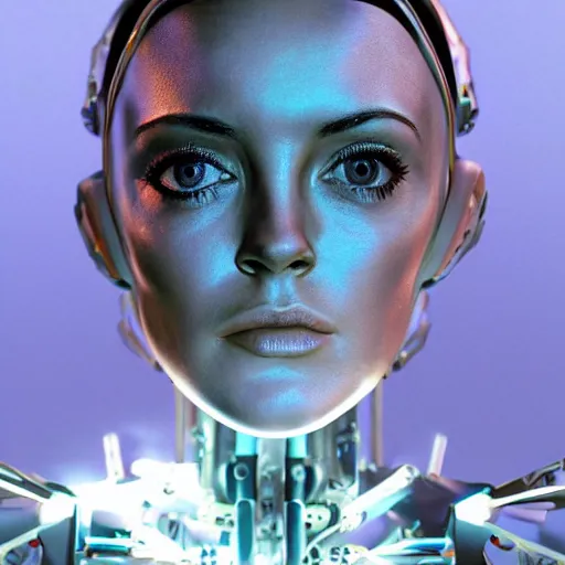 Image similar to beautiful centered Fine art photo portrait of young Lindsay Lohan as a solarpunk robotic humanoid, crystal mechanical parts with led lights, photorealistic, white background, highly detailed and intricate, outdoor lighting, HDR 8k