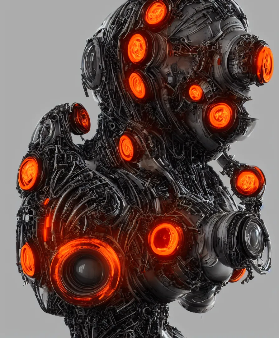 Prompt: symmetrical portrait of a biomechanical futuristic creepy cyborg creature with gas mask and eyes made of camera lenses. with intricate orange halo made of glass. white and orange plastic. concept art by jarold Sng | octane render