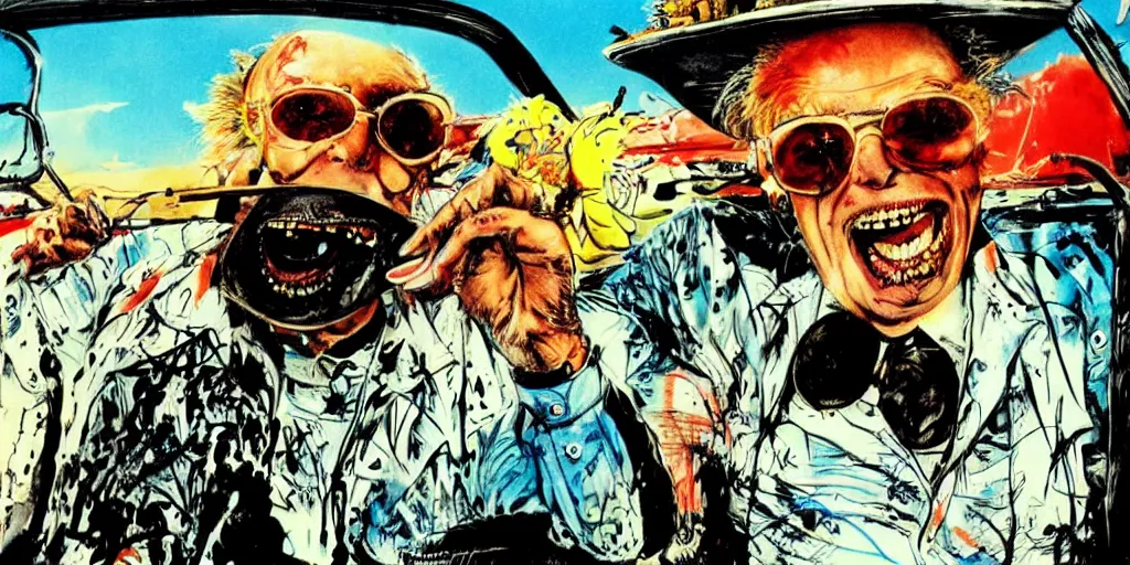 Image similar to fear and loathing in florida, by ralph steadman art in a terry gilliam movie, cinematic frame, hunter s thompson,