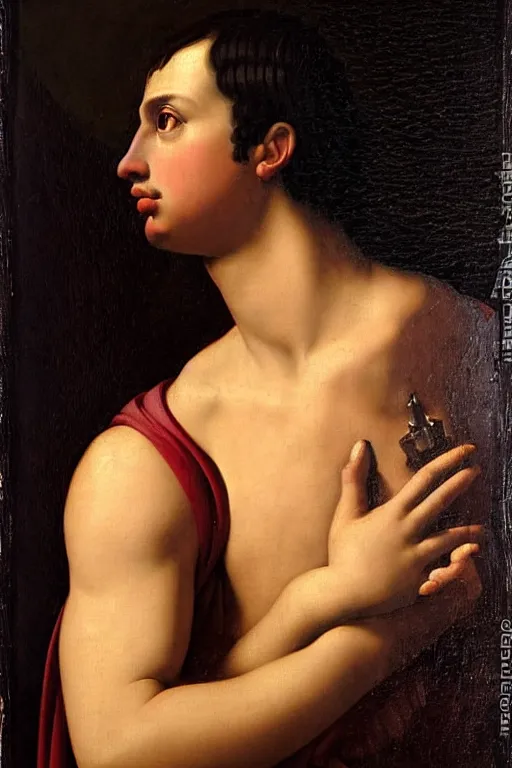 Image similar to renaissance painting of man, short black hair, pleading face, tears dripping from the eyes, emotions closeup, dressed in roman armour, ultra detailed, art by Guido Reni style, Vincenzo Catena style