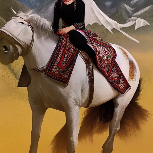 Image similar to a beautiful young kurdish woman riding a beautiful white horse in the kurdish mountains art by martin ansin, highly detailed, 8 k, high resolution, award winning art, incredibly intricate, beautiful and symmetrical face