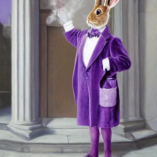 Image similar to a rabbit in a purple smoking jacket stands outside a palace, photorealism