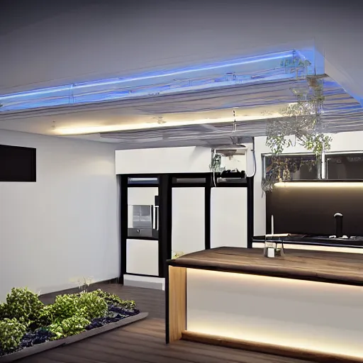 Image similar to modern kitchen with rgb led strip lighting roof lantern, homes and gardens, super detailed render, award winning,