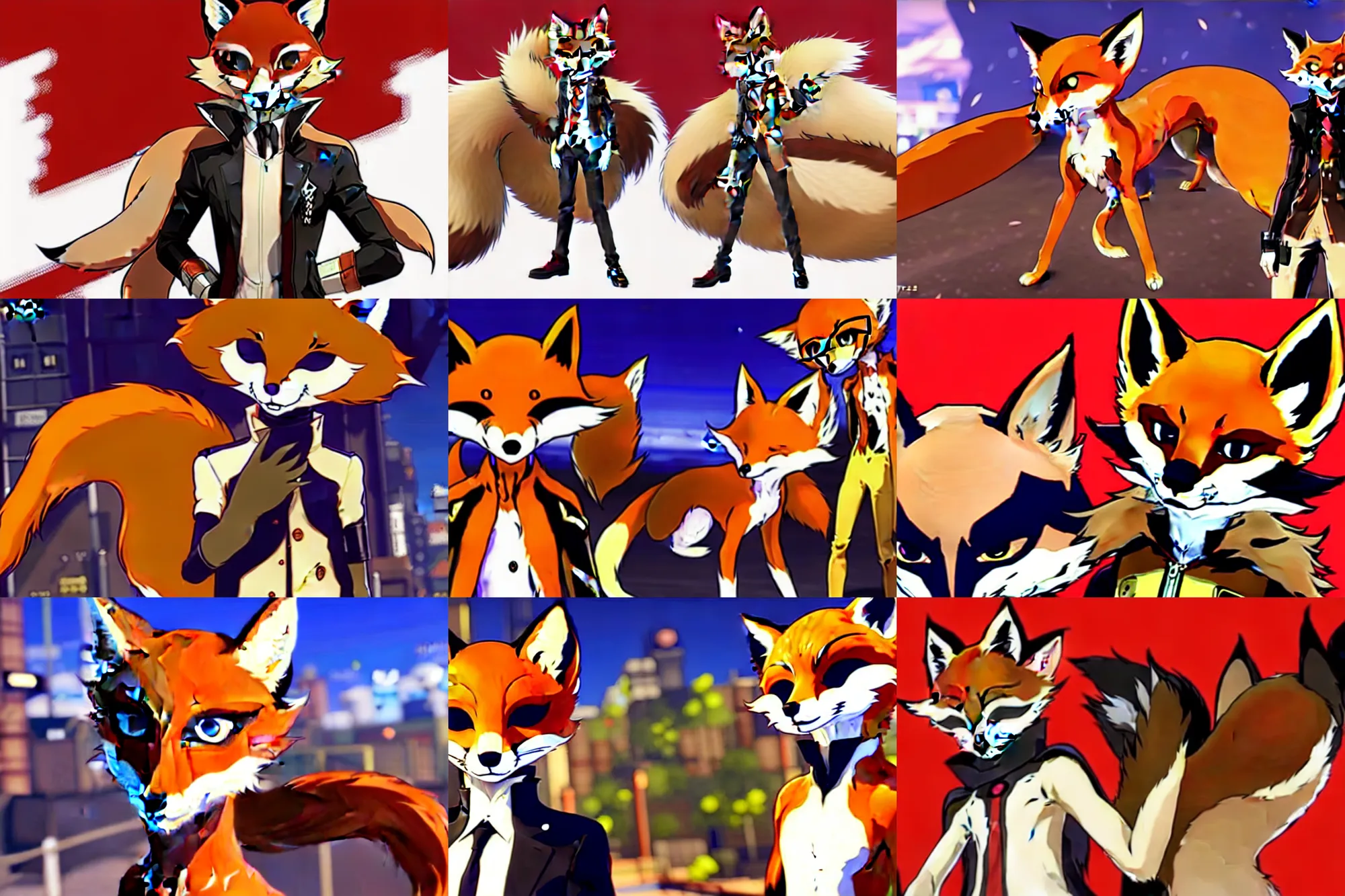 Image similar to a furry tan male fox on a persona 5 : royal ( by atlus ) video game splash screen, a furry male sandy sand - colored beige tan fur fox fursona ( has light brown hair ), persona 5 phantom thief style