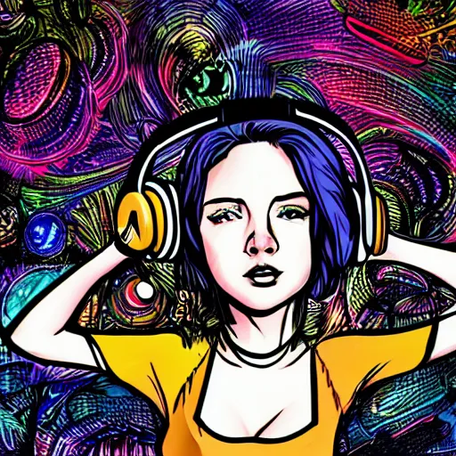 Image similar to artgerm, psychedelic ben kweller, rocking out, headphones dj rave, digital artwork, r. crumb, svg vector