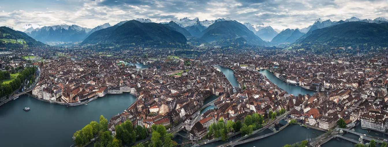 Prompt: Photo of Zurich, looking down the river at the lake and the alps, Hardturm, Grossmünster, wide angle, citypunk, volumetric light, hyperdetailed, mountain water, artstation, cgsociety, 8k