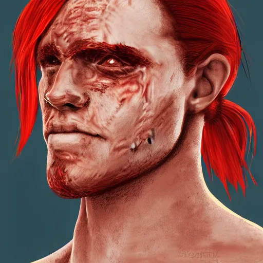 Image similar to portrait, 30 years old man :: red hair ponytail :: burned face, grimy, rough :: high detail, digital art, RPG, concept art, illustration