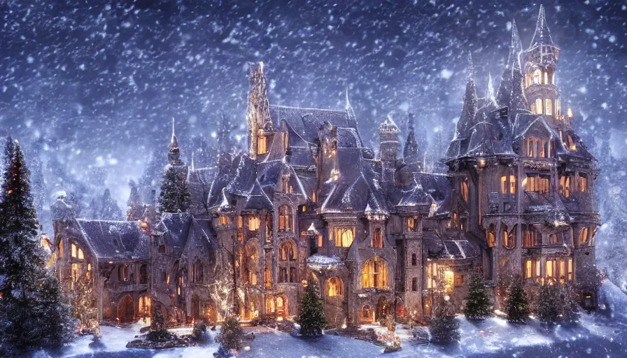 Prompt: Neo-Gothic castle with Christmas light built in a middle of a snowy land with illuminated mountains far behind at night, Christmas trees and snowmen outside hyperdetailed, artstation, cgsociety, 8k